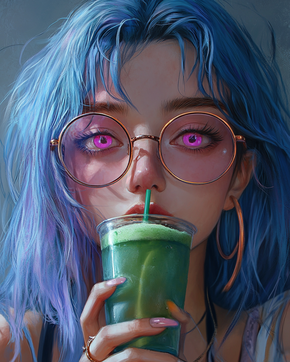 Stylish girl in round glasses sipping melon soda.