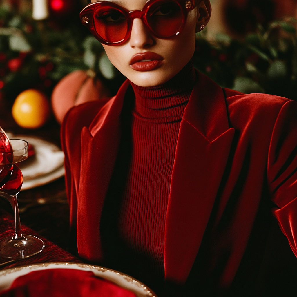 Stylish holiday table setting with velvet red attire.