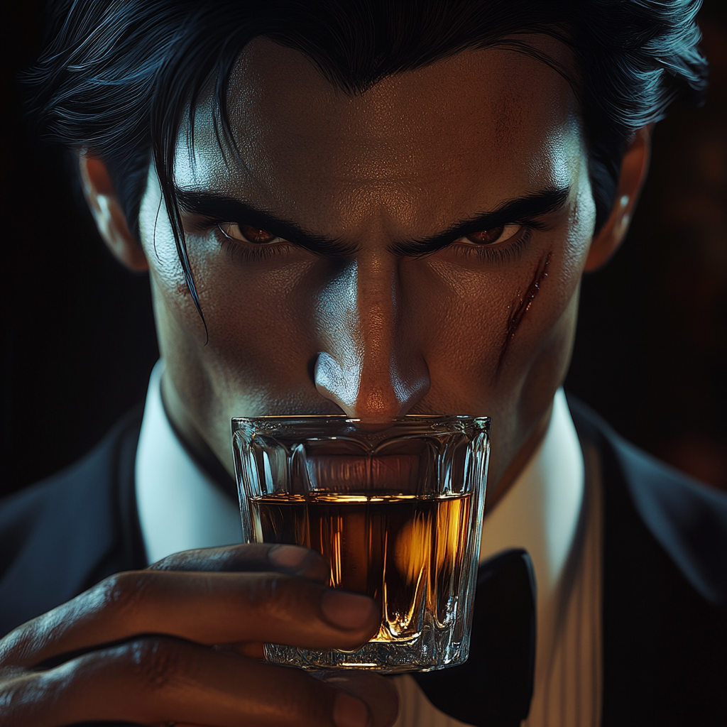 Stylish man in bow tie sipping whiskey close-up