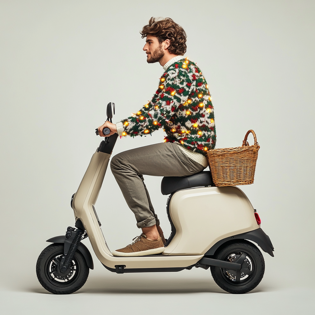 Stylish man rides trendy scooter in festive sweater