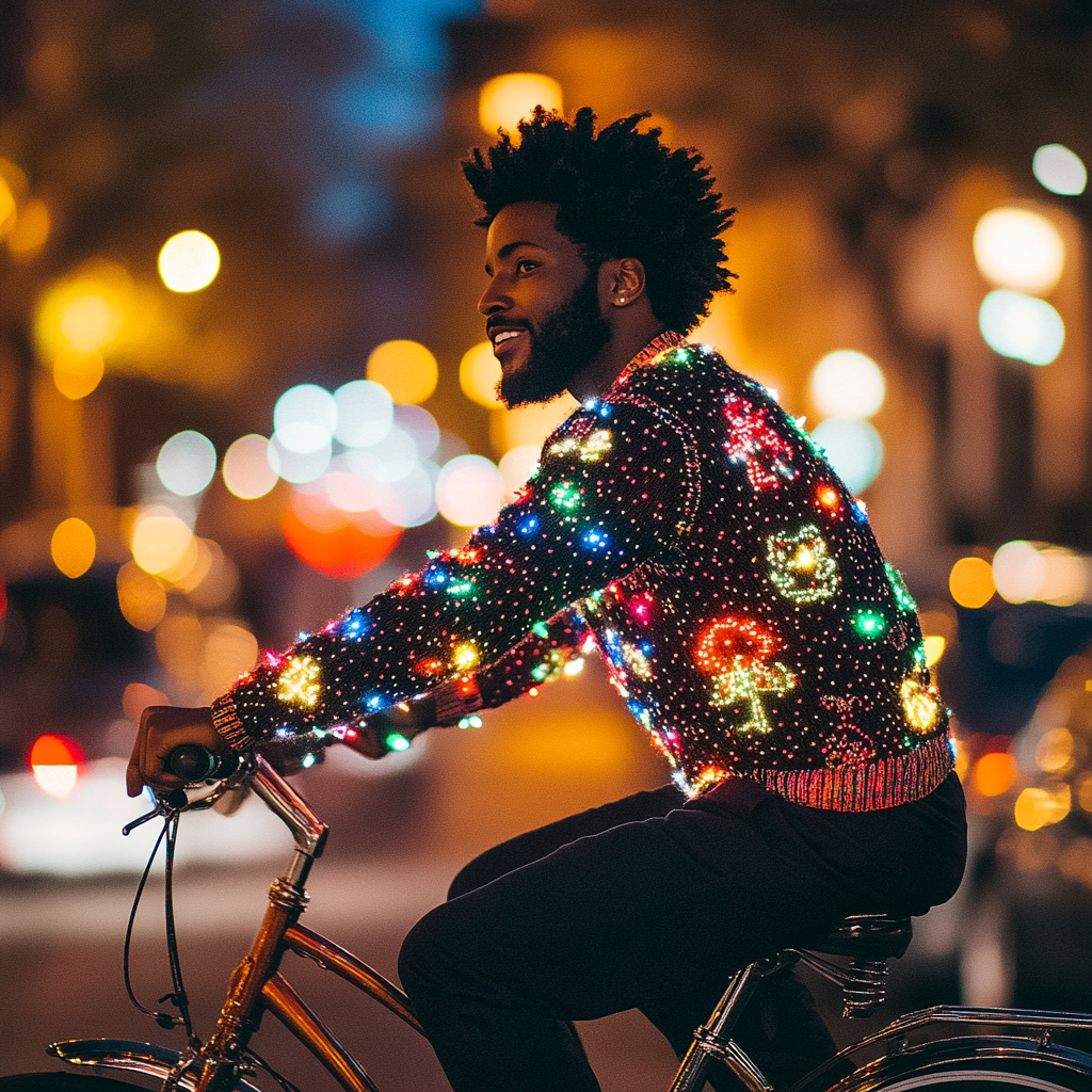 Stylish man riding Christmas bicycle in city