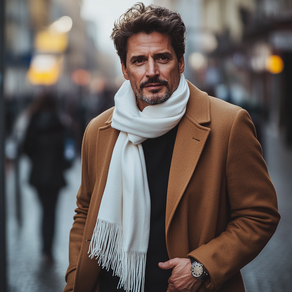 Stylish man with Al Pacino look downtown walk