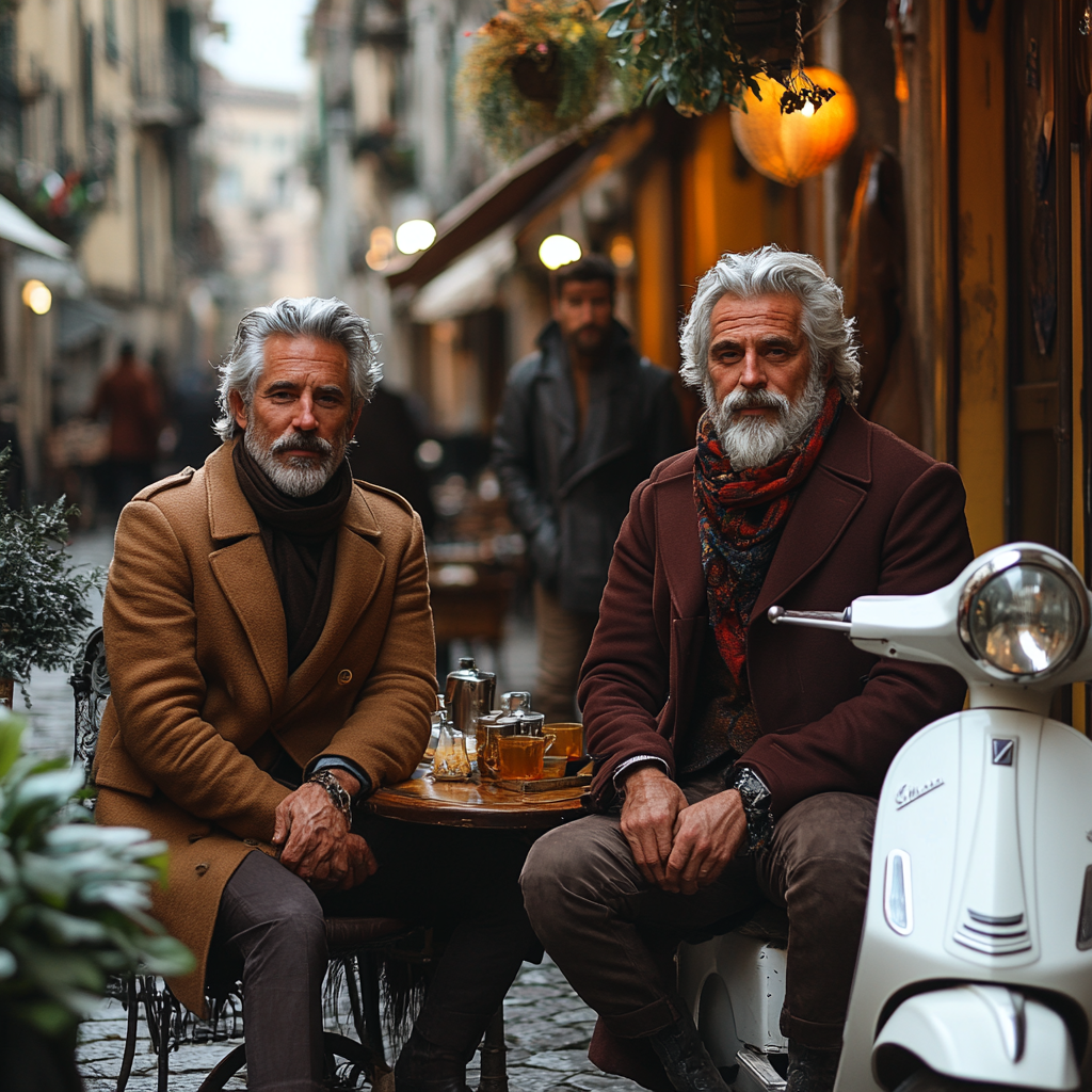 Stylish men in elegant fashion in charming European street.