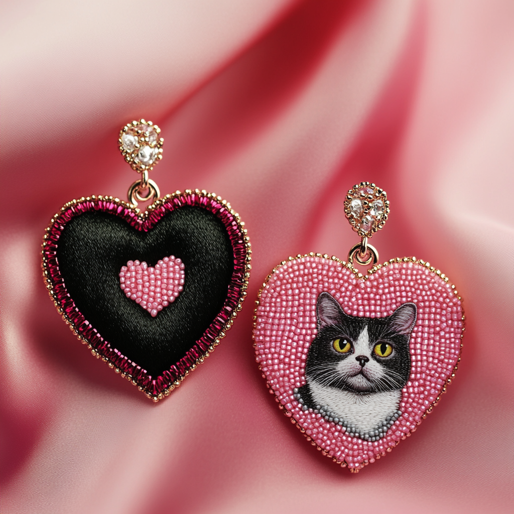 Stylish modern earrings with heart and cat image.