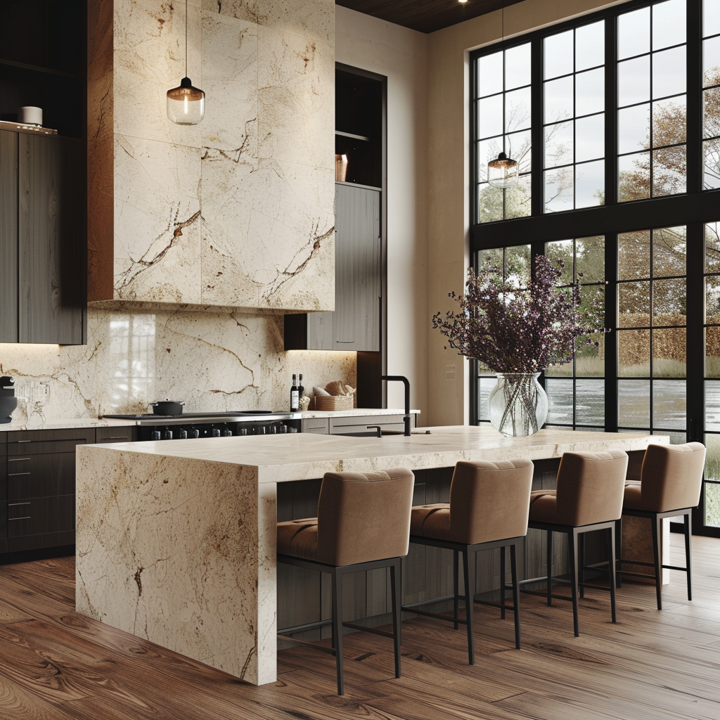 Stylish modern kitchen with cream and brown accents.