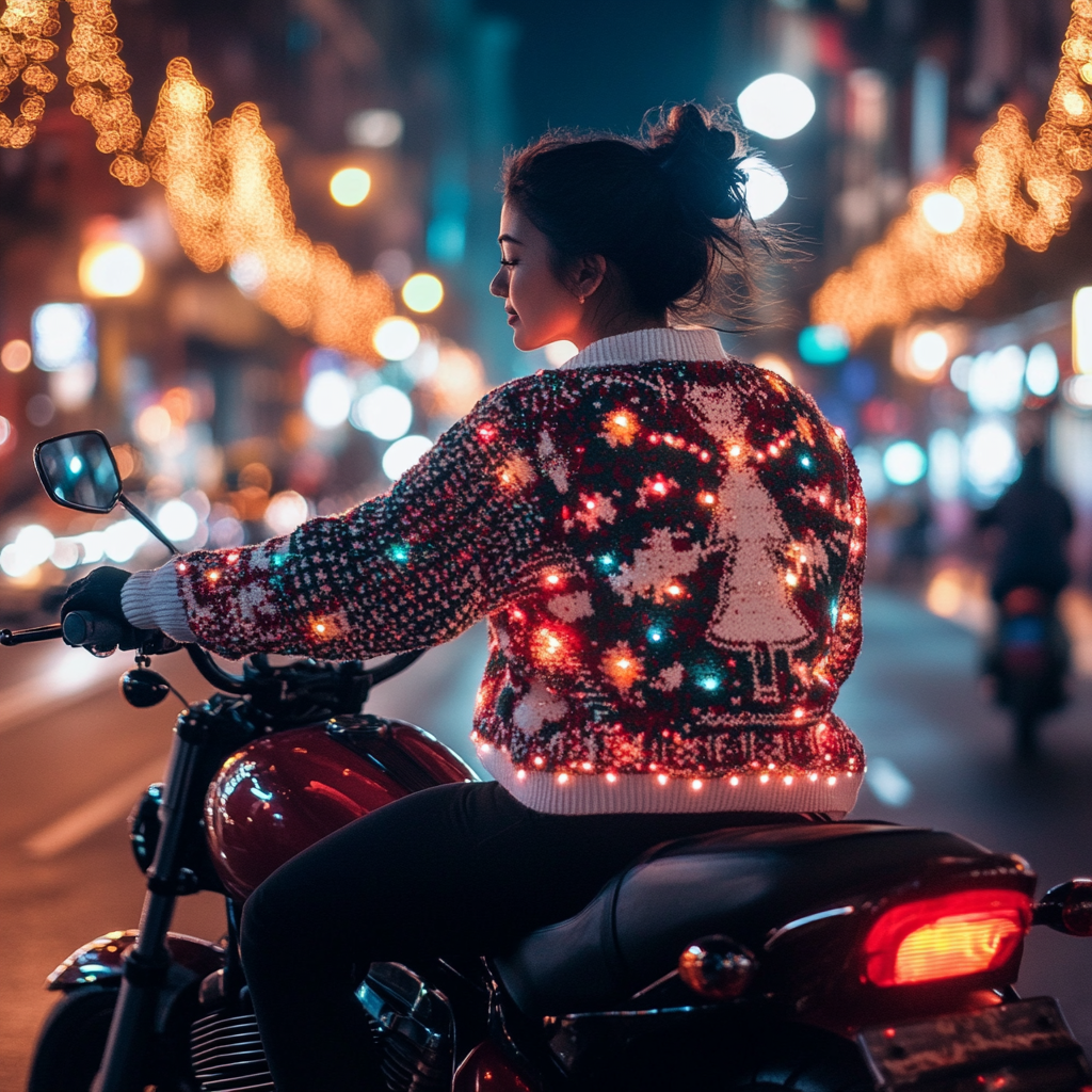 Stylish person rides motorcycle in Christmas light sweater