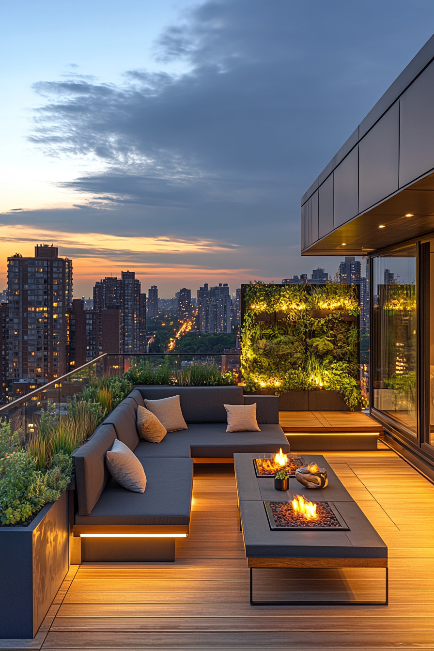 Stylish rooftop retreat with contemporary furniture, urban view.