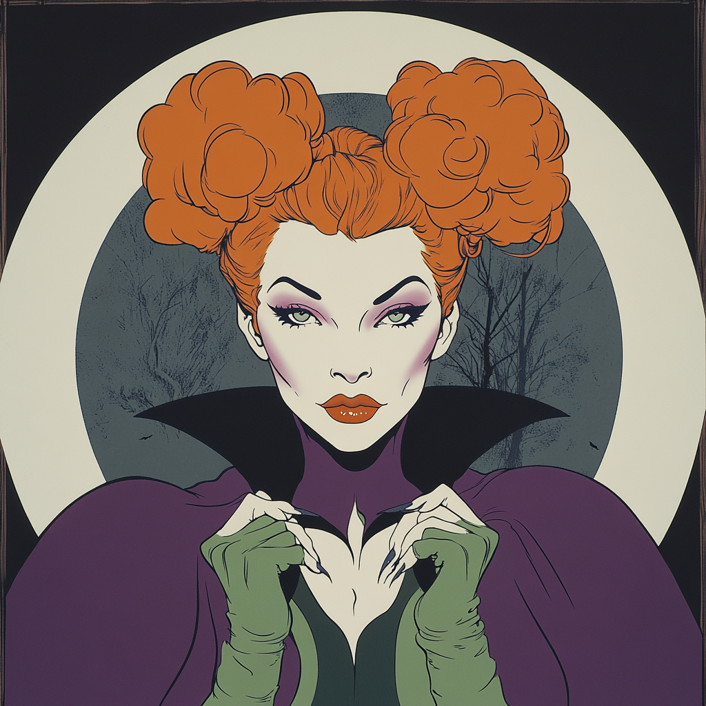 Stylish witch in Rococo style frame casting spell.