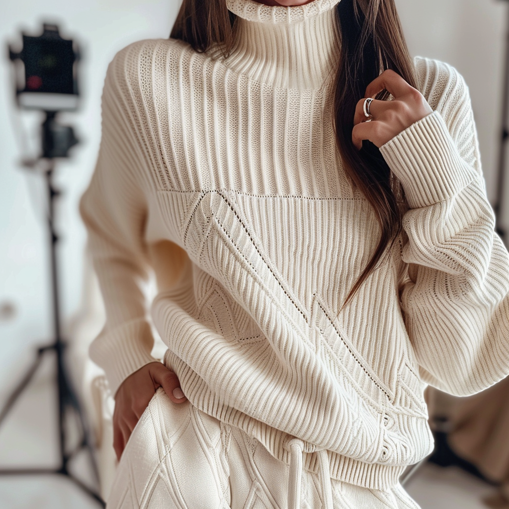 Stylish woman in cream outfit poses with confidence