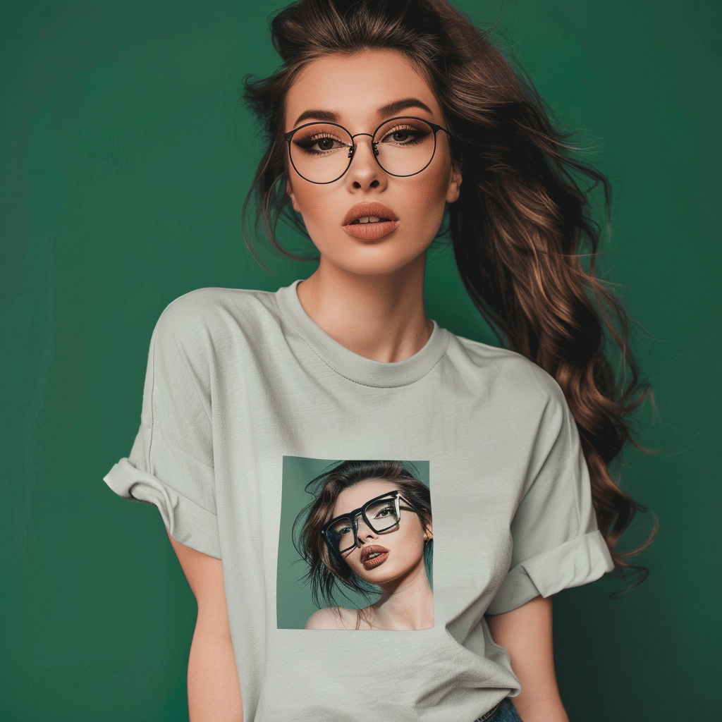 Stylish woman in grey mockup tshirt, glasses - wilderness background