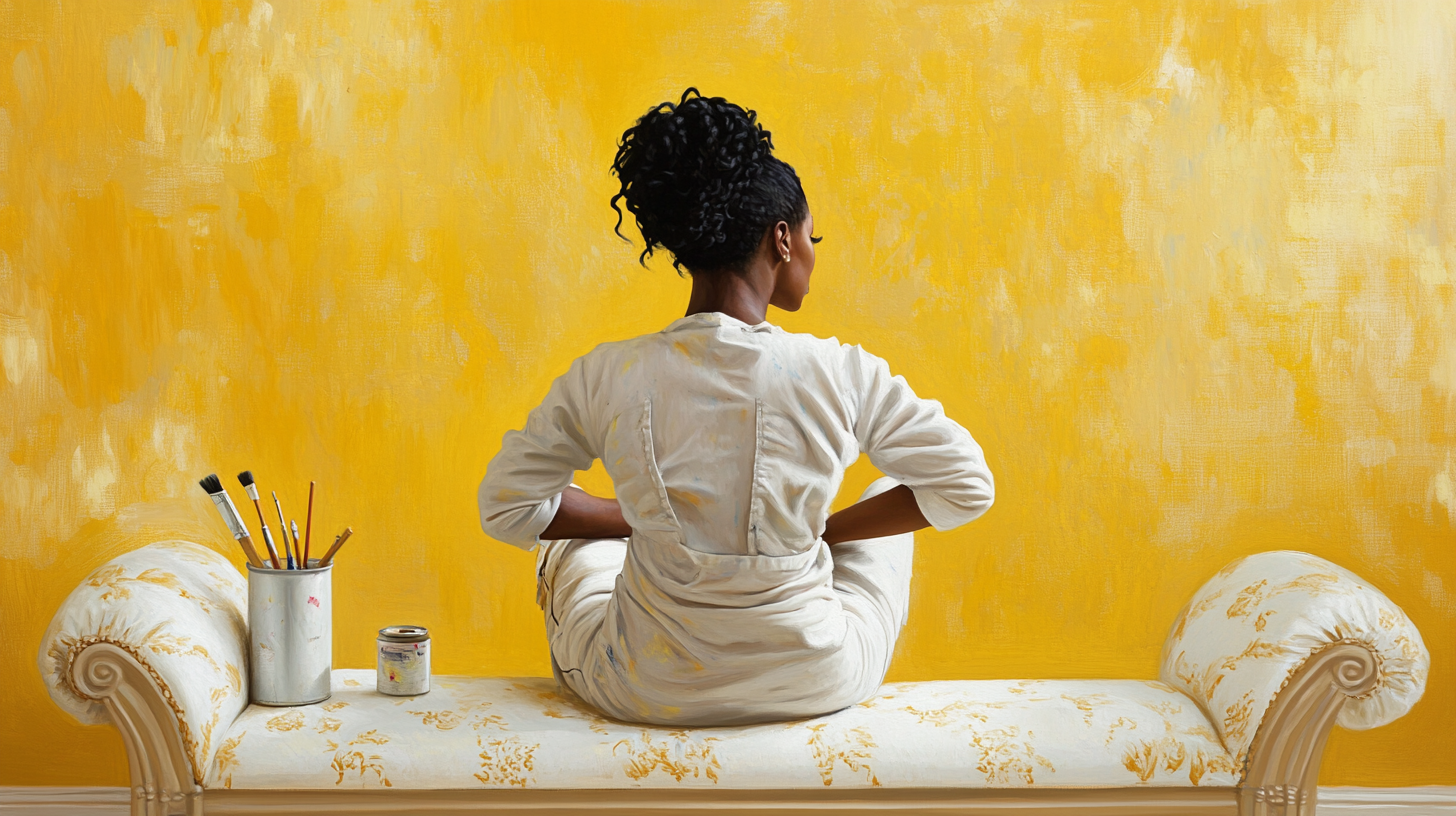 Stylish woman in painter coveralls on elegant bench.