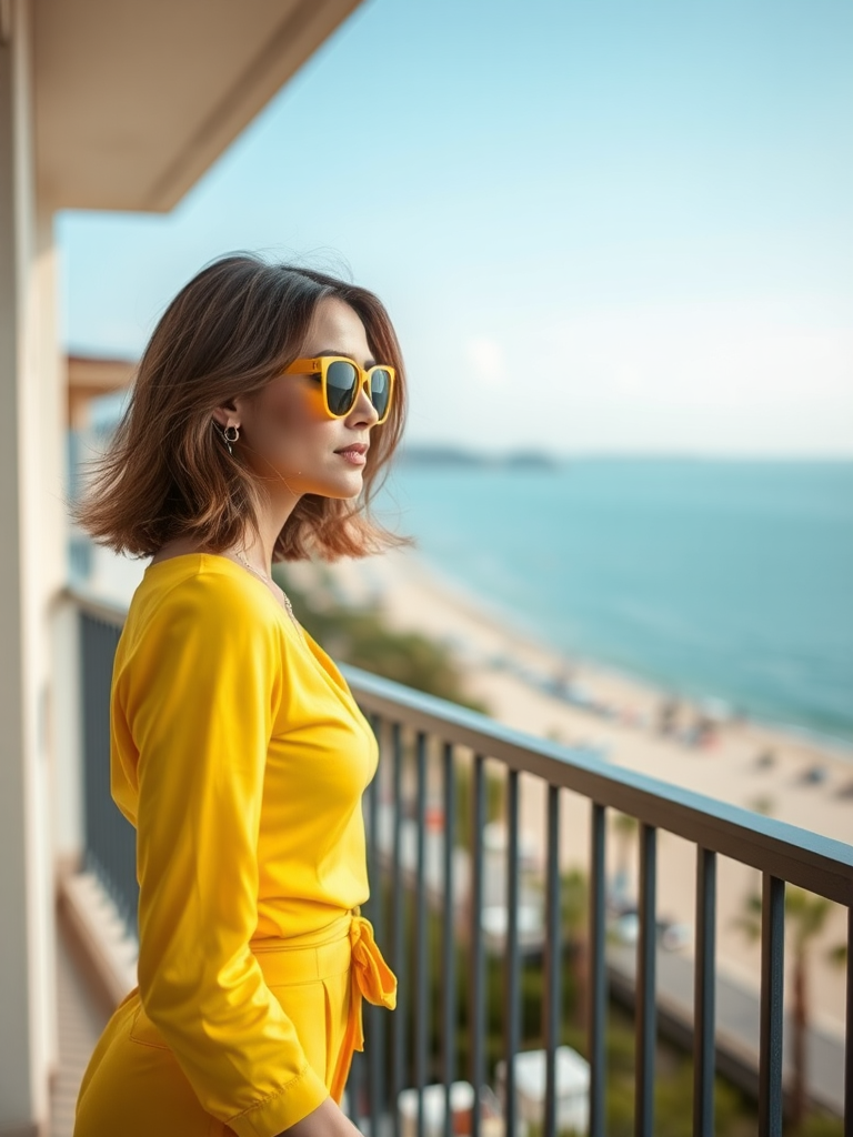 Stylish woman in yellow outfit on beach balcony.