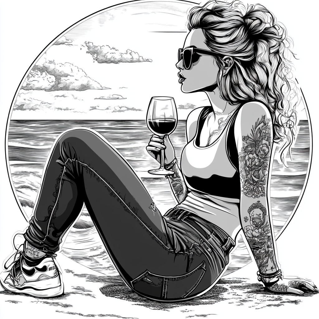 Stylish woman with wine looking at sea sunset