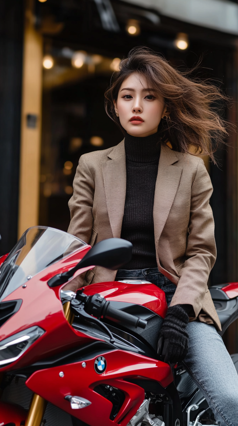 Stylish young woman poses on red BMW