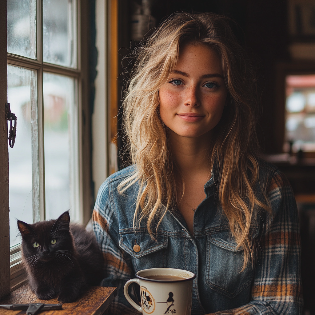 Stylish young woman with black kitten at salon window.