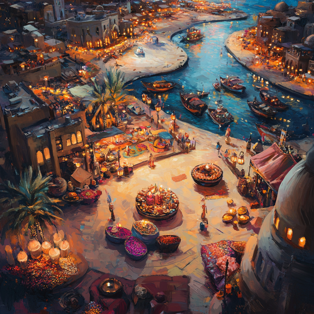 Stylized NFT shows Dubai's Palm Jumeirah, souks, desert.