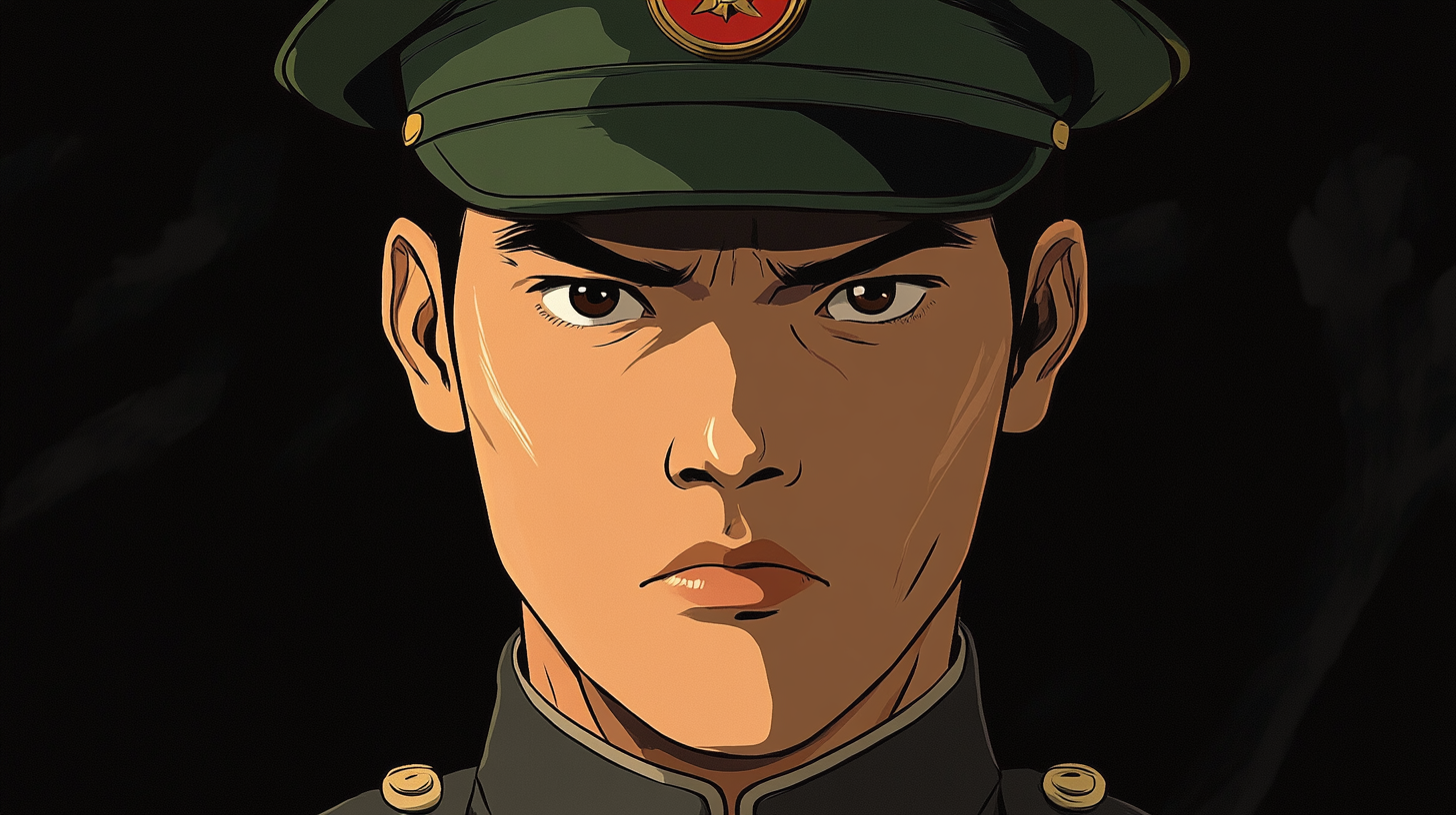 Stylized anime portrait of stern Asian man, military uniform.