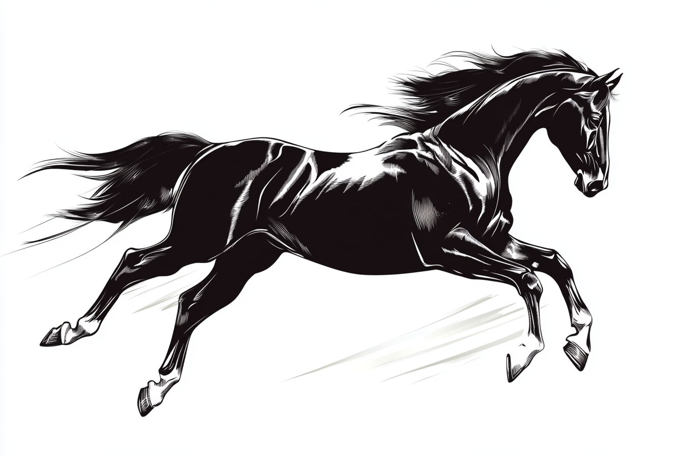 Stylized dark horse in galop, high contrast vector art