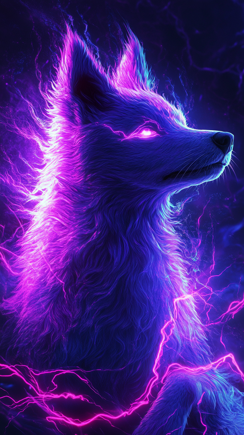 Stylized dog with lightning powers, colorful fur, neon patterns.
