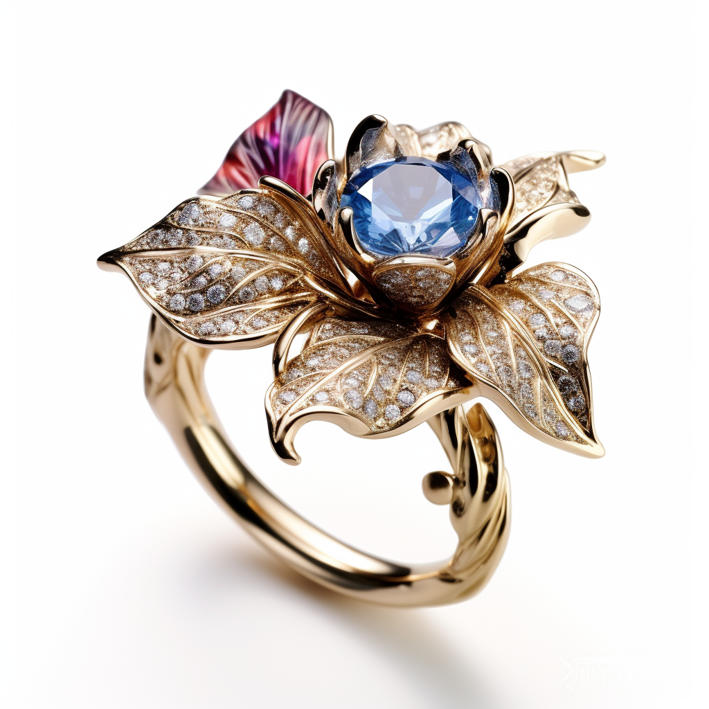 A diamond ring with a leaf motif and floral pendant