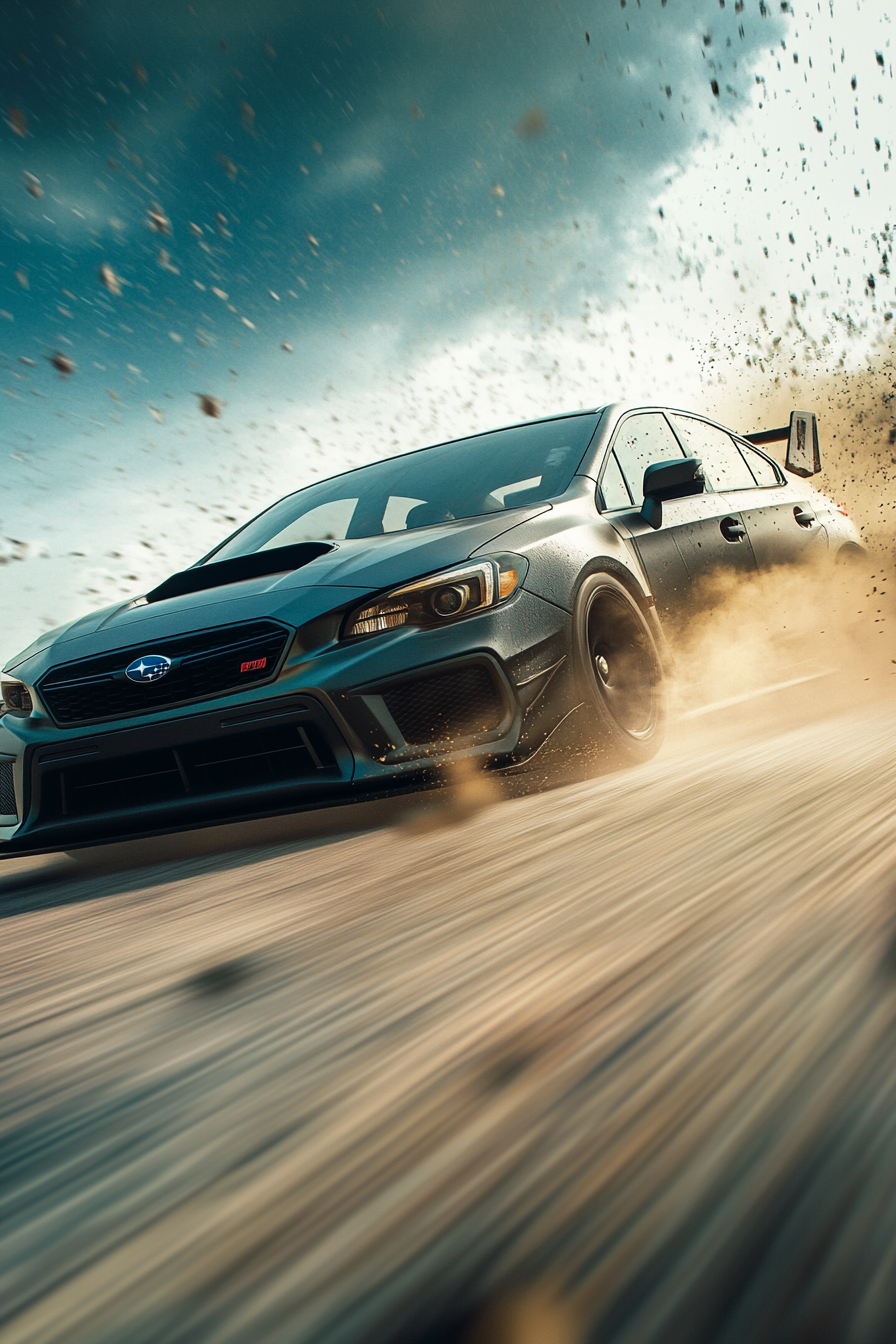 Subaru Hatchback racing on track, cinematic shot, detailed.