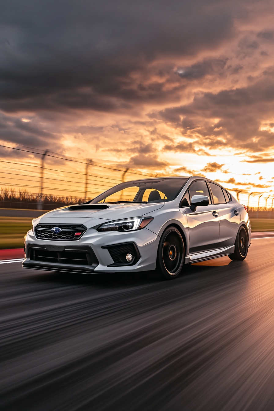 Subaru Impreza Hatchback speeding on racetrack at sunset.