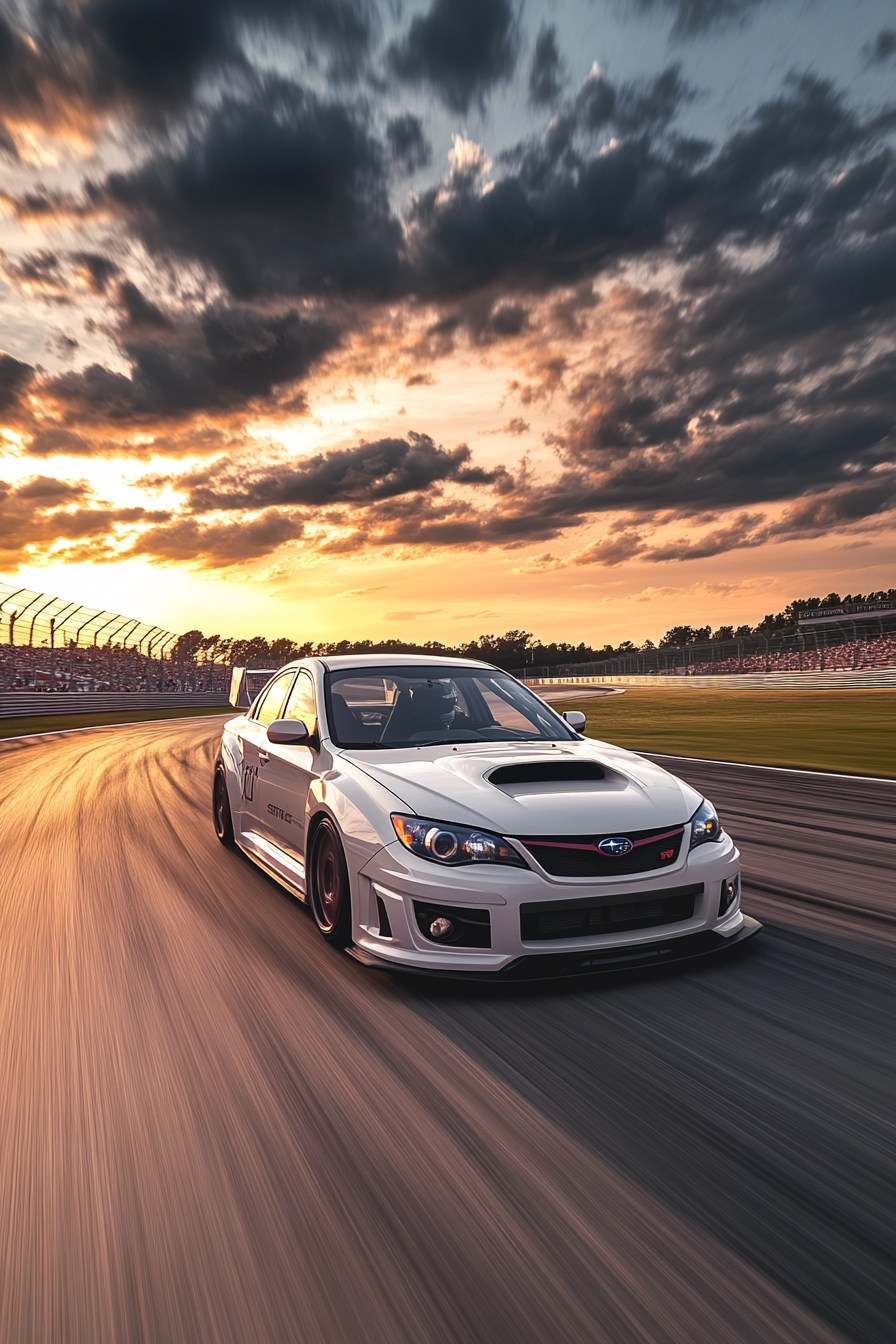 Subaru Impreza WRX STi racing at sunset on track.