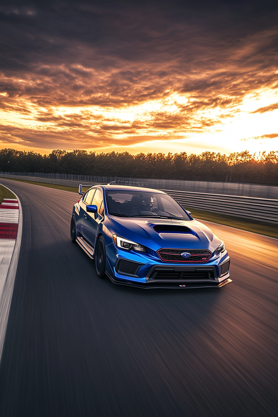 Subaru Impreza WRX racing at sunset on track.