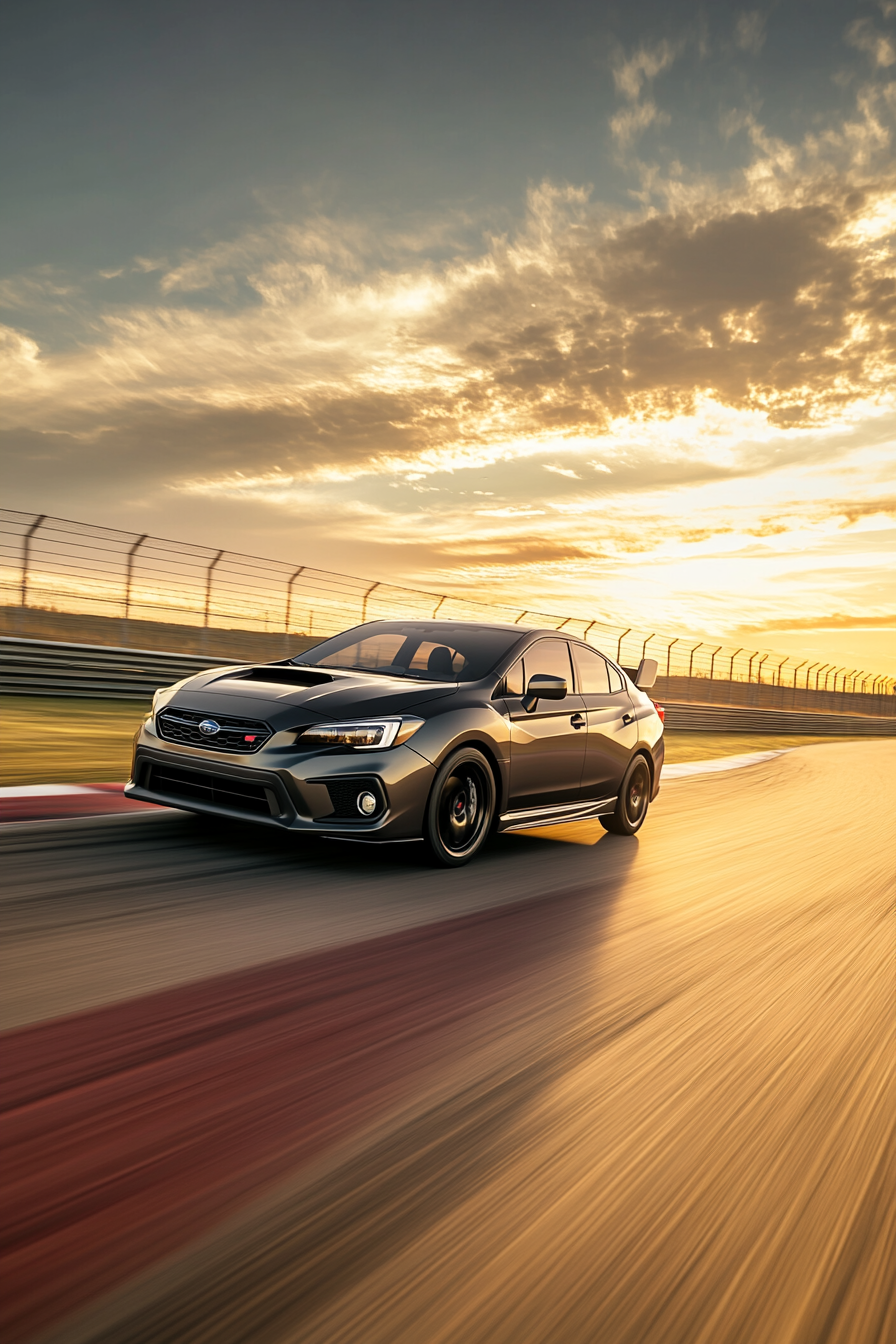 Subaru Impreza racing at sunset. Shot on Sony camera.