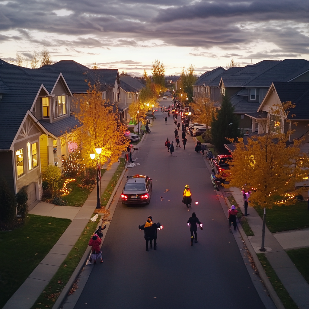 Suburban Halloween Neighborhood 4K Dusk Trick or Treating