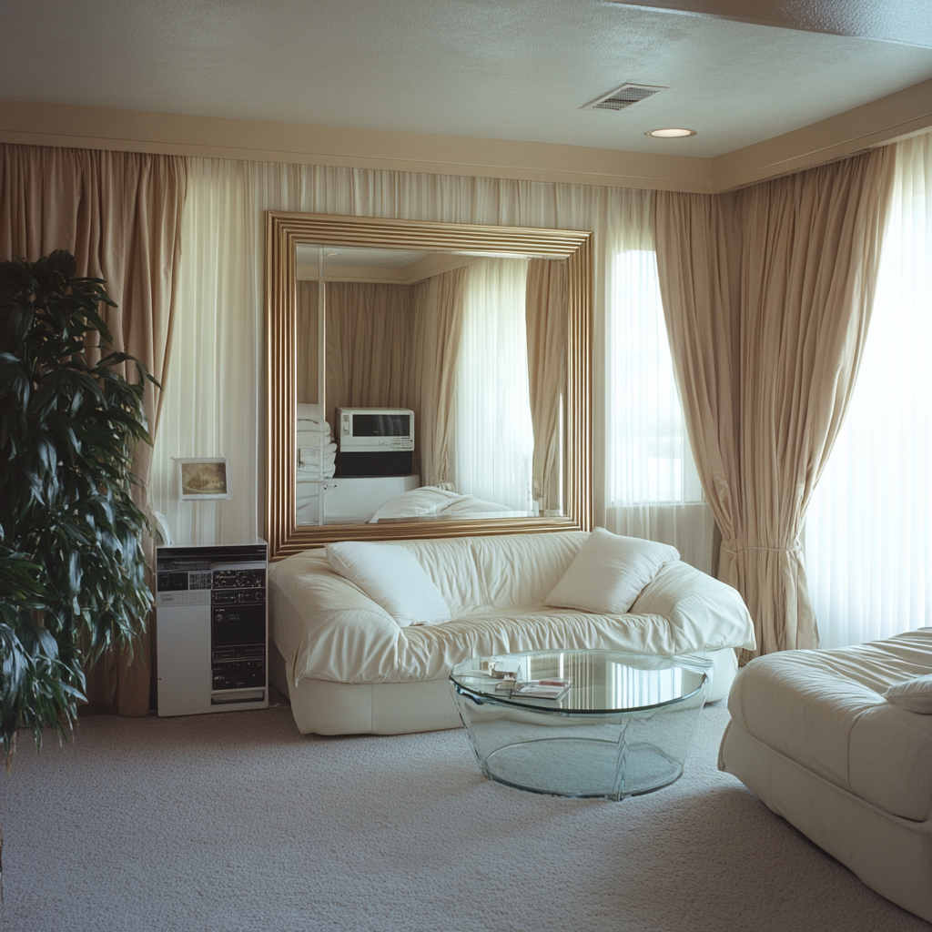 Suburban bathroom with couches, table, curtains, pillows, 80's design.