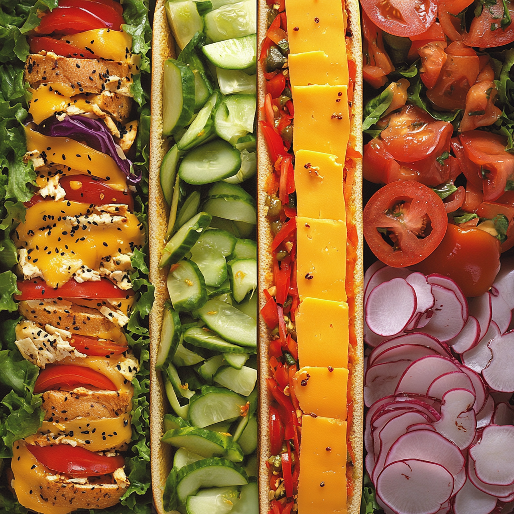 Subway restaurant wall art showing bread, vegetables, cheese.