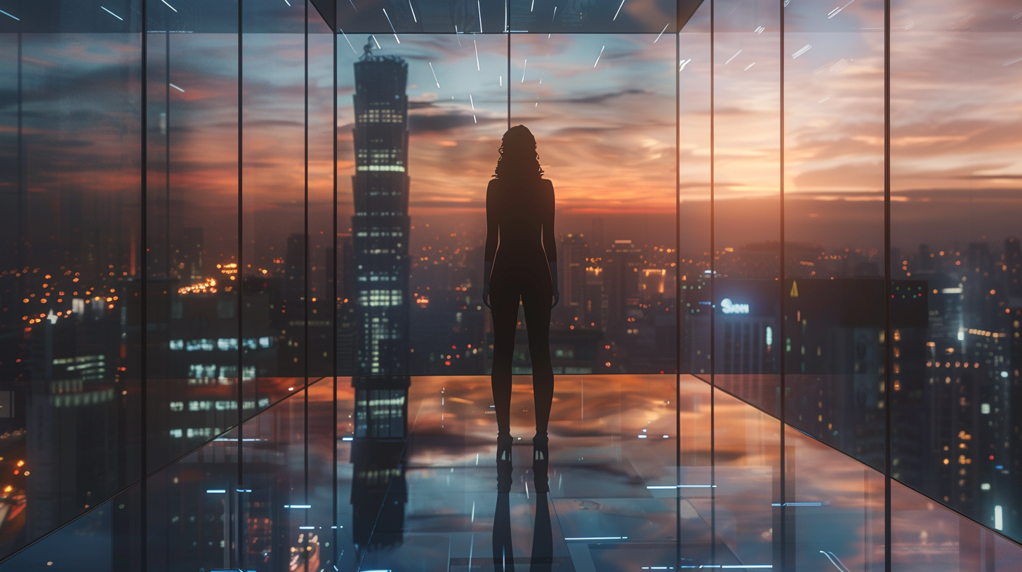 Successful businesswoman gazes at city skyline from glass office.