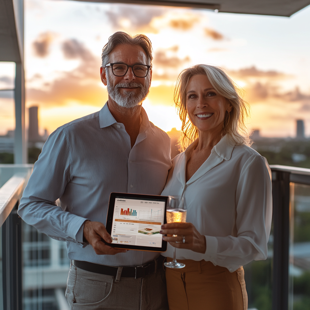 Successful couple in 60s on luxurious condo balcony.