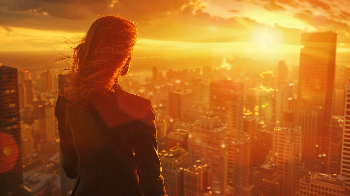 Successful woman overlooking city skyline at sunset glow.