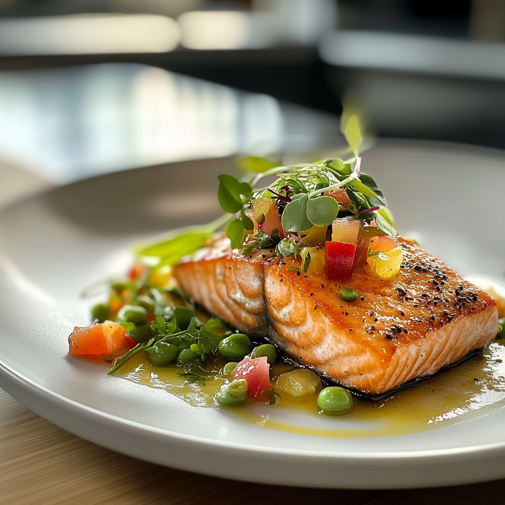 Succulent salmon dish with fresh ingredients, colorful textures.