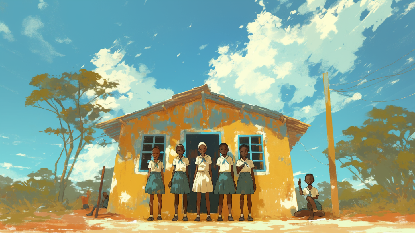 Sudanese children at school: anime-style illustration in Africa.