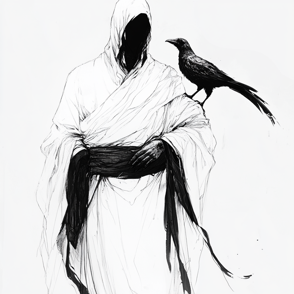 Sufi mystic in white robes with three-legged crow.