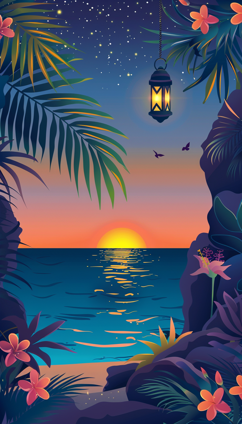 Summer night transition, sea, sunset, lantern, palm leaves