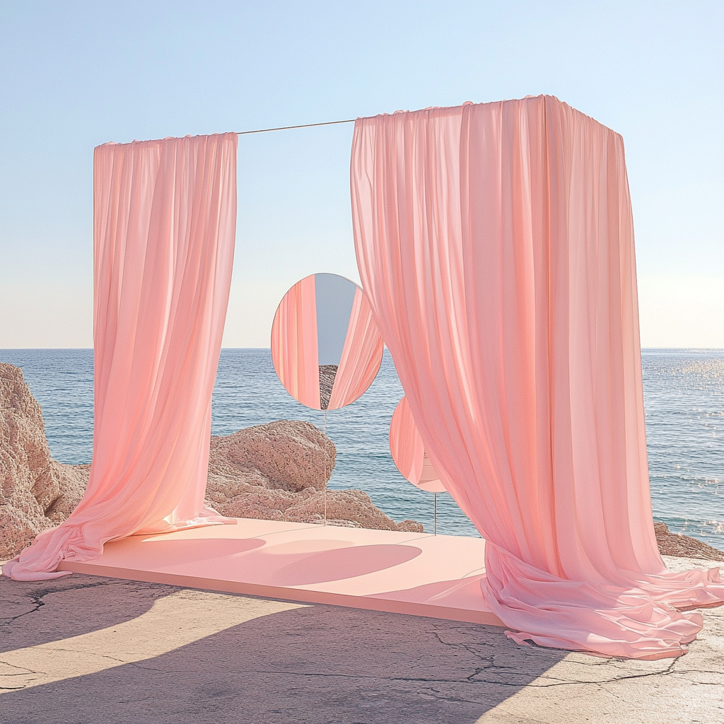 Summer-themed Podcast Corner with Pink Chiffon Curtains