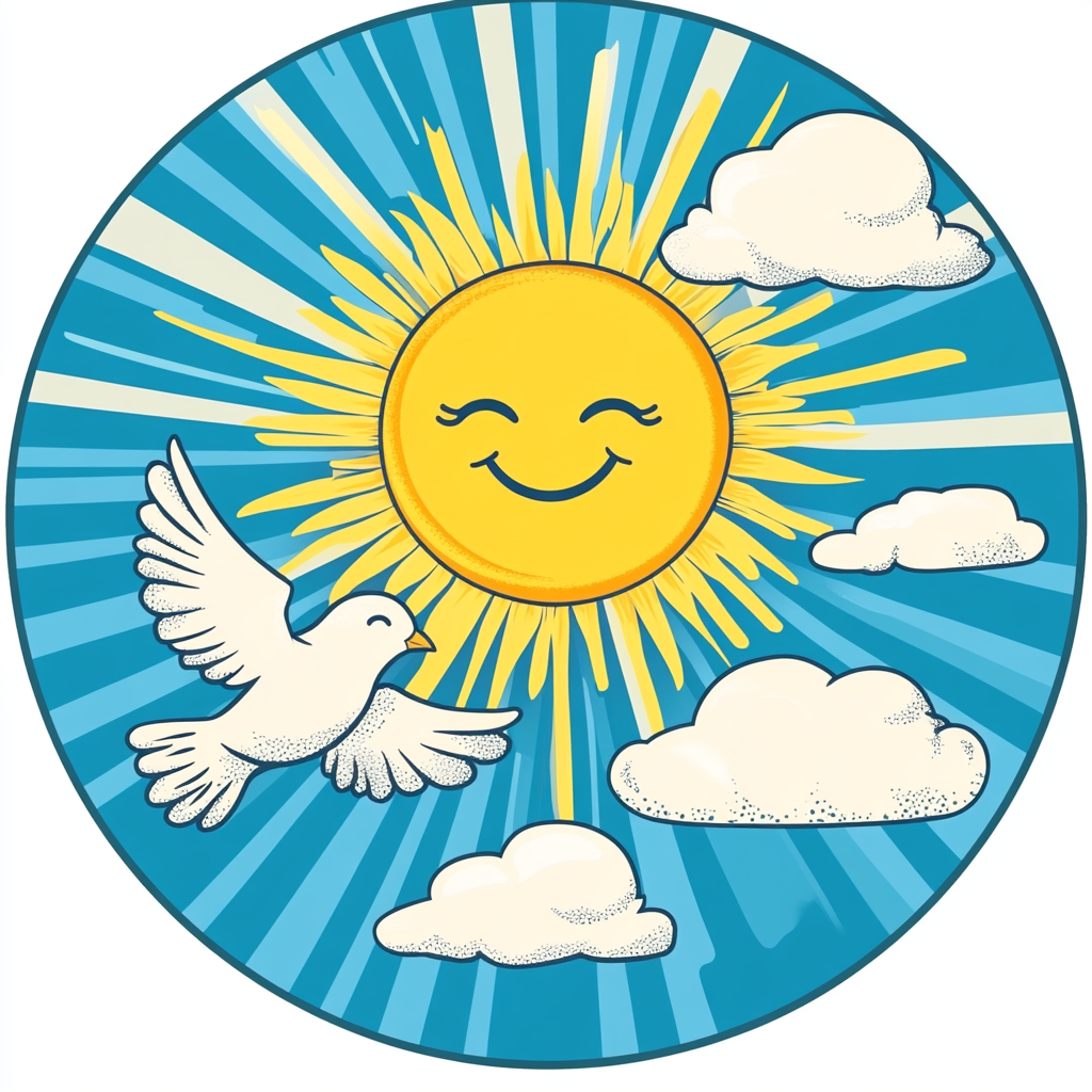 Sun, smile, dove, blue sky, white clouds logo design.