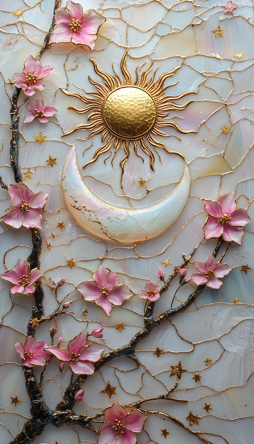 Sun and moon in pink, gold, and opal setting.