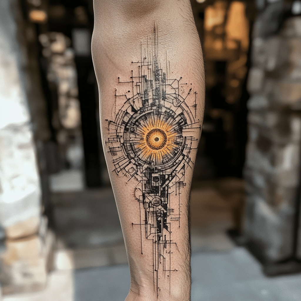 Sun-centered bioorganic tattoo sleeve with futuristic structure