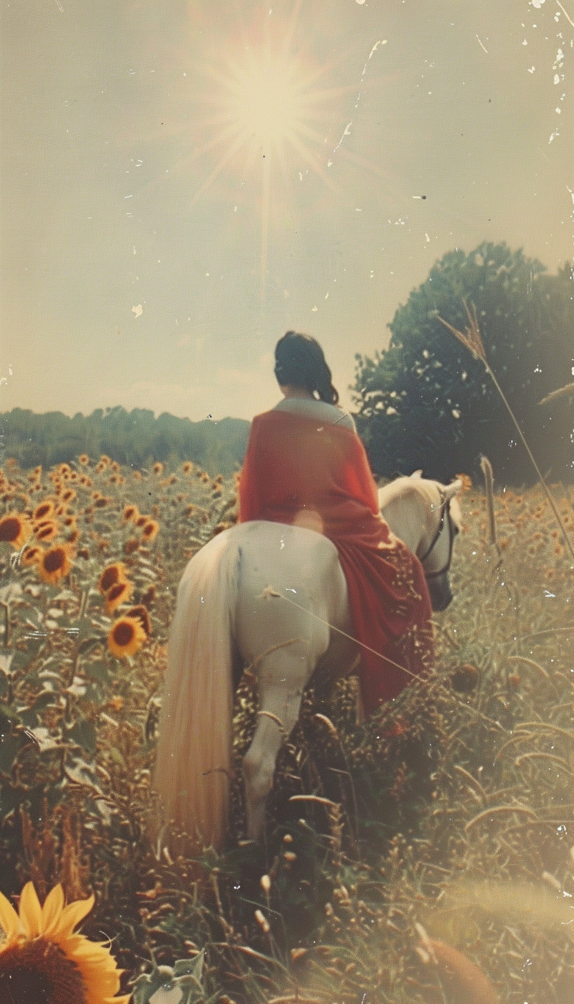 Sun shining above baby on horse in sunflower forest.