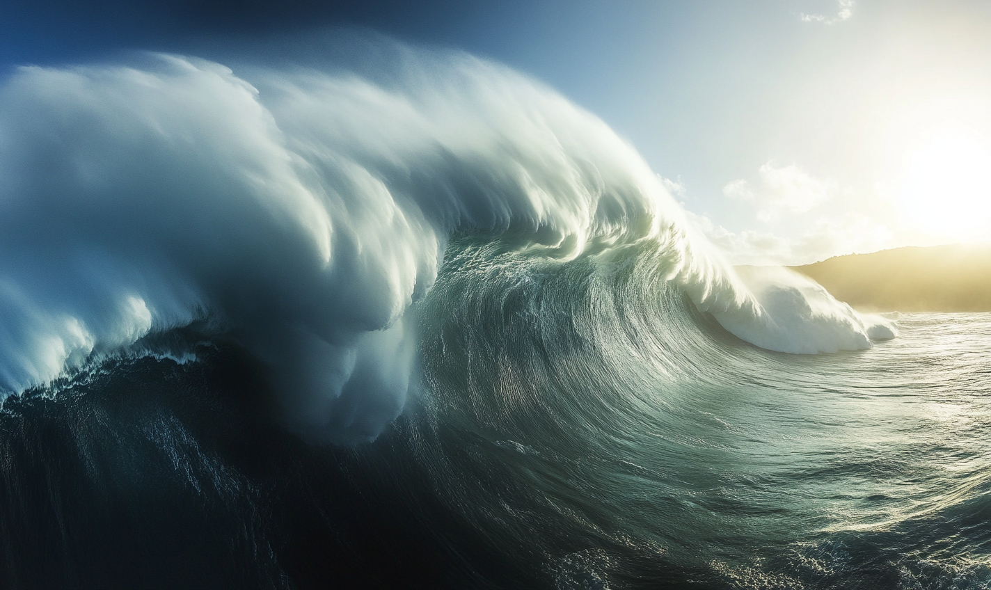 Sun shining on big wave splashing turquoise water