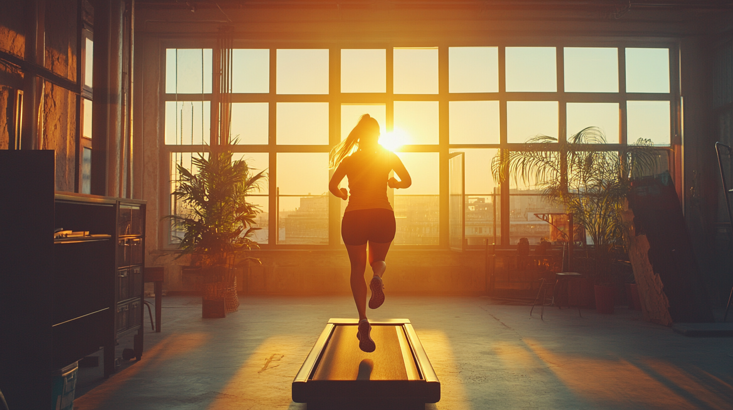 Sun shining on modern loft set, mom on treadmill.