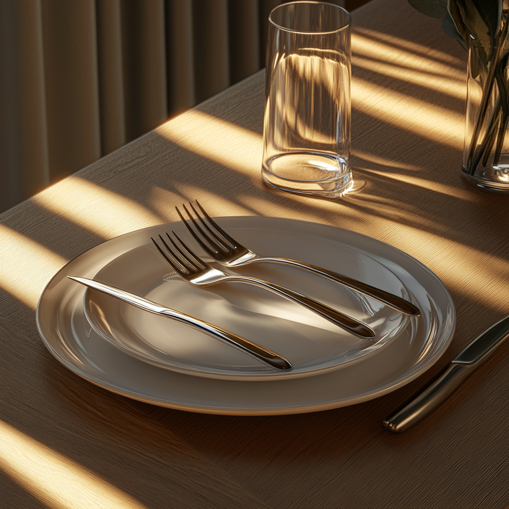 Sunlight accents clown-style flatware on dining table