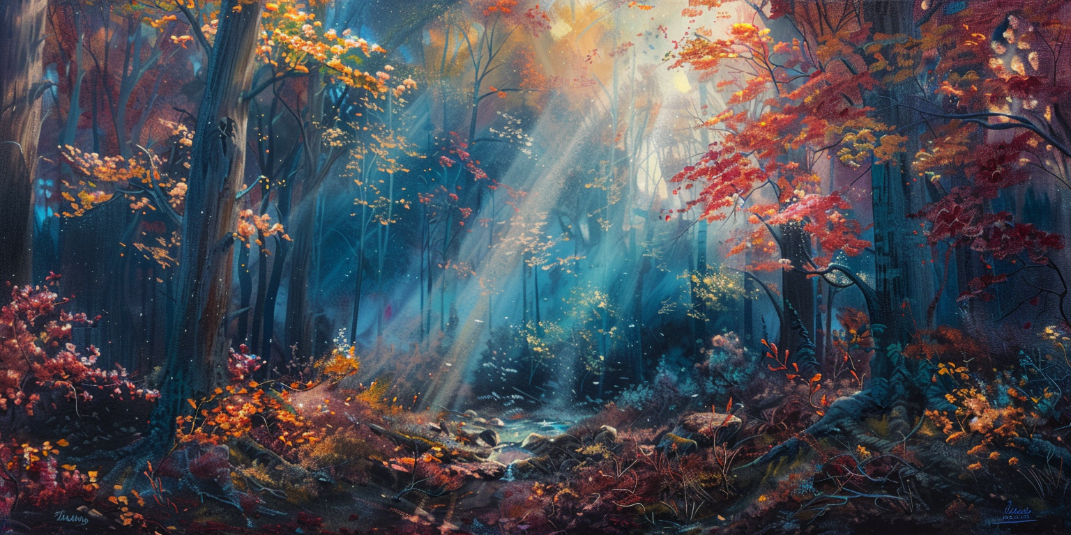 Sunlight shines through colorful autumn forest landscape