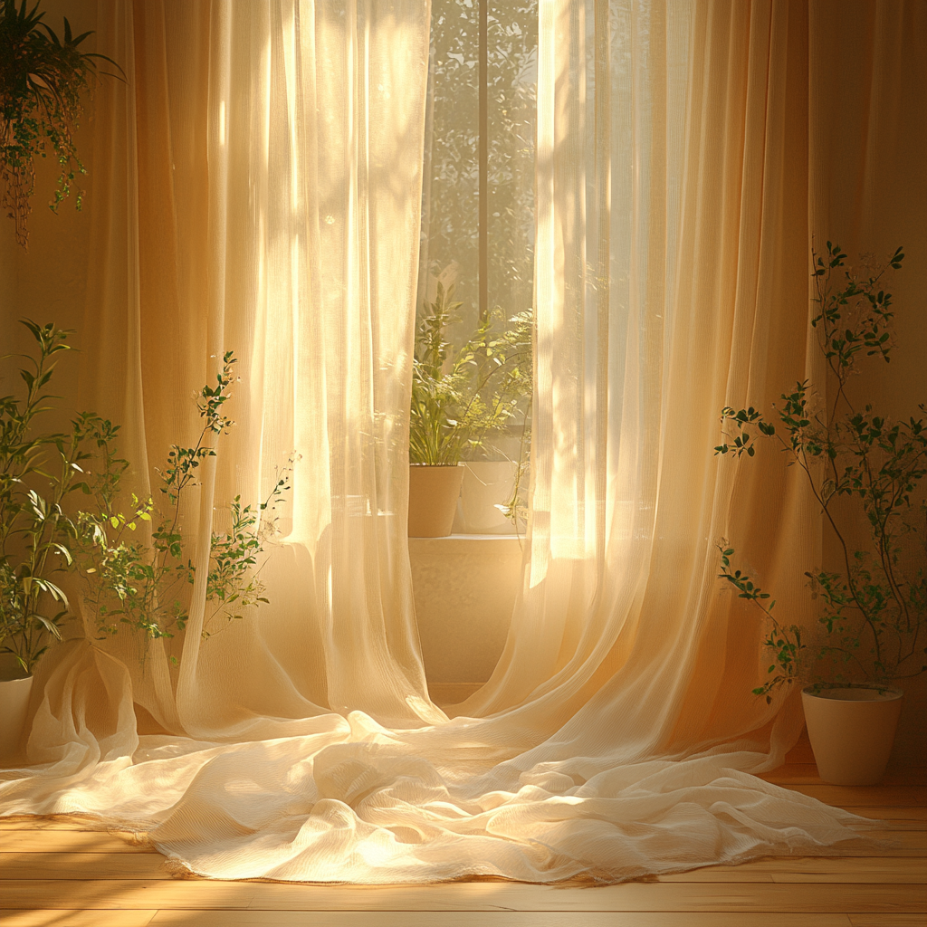 Sunlight through window, curtains, plants in room.