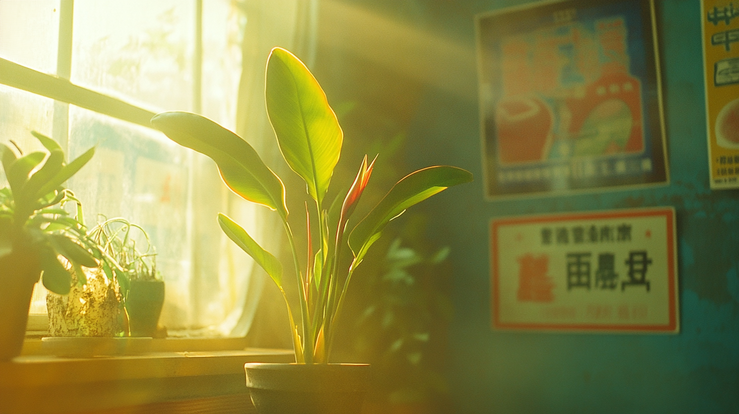 Sunlit Bird of Paradise Plant with Chinese Posters